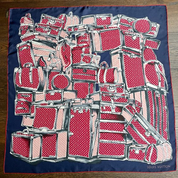 New Louis Vuitton Silk Scarf Trunks & Luggage Monogram Blue Red Silk Wrap - Picture 1 of 16
